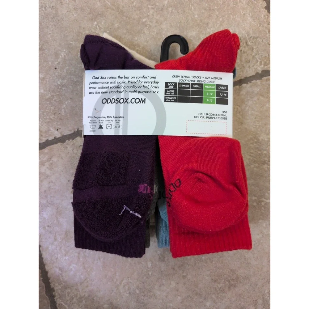 BASIX By ODDSOX 6-Pairs Of Men's Crew Socks Shoe Size Medium 8-12 Purple/Beige